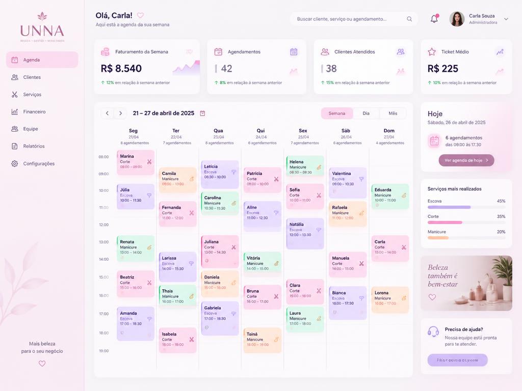 Dashboard do UNNA com faturamento, agendamentos e status do WhatsApp